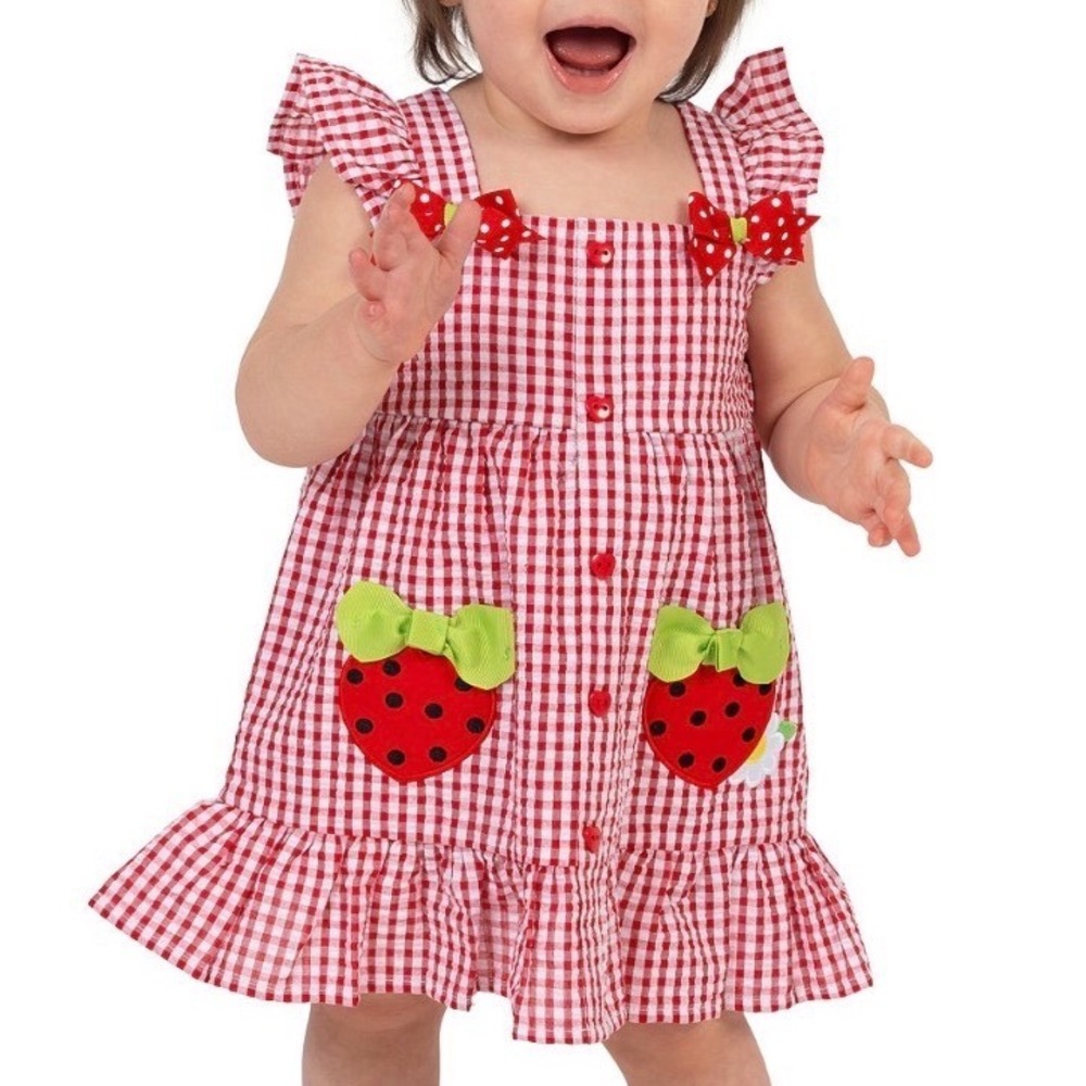 Rare Editions Red Gingham Strawberry  Dress size 3/4 Girls Toddler Summer Bows